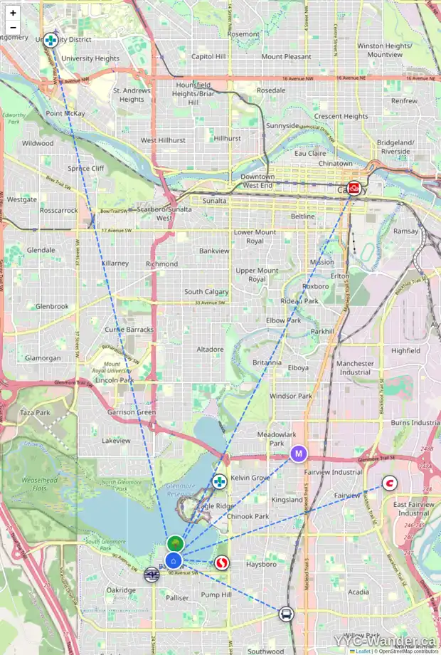 Daily accessibility map for 8920 BAY RIDGE DR SW, Calgary showing nearby schools, grocery stores, parks, LRT stations and nearby amenities