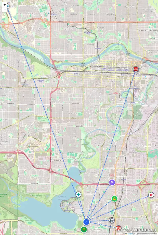 Daily accessibility map for 46 HAYSBORO CR SW, Calgary showing nearby schools, grocery stores, parks, LRT stations and nearby amenities