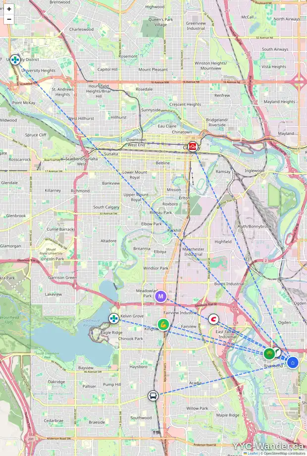 Daily accessibility map for 193 RIVERGLEN DR SE, Calgary showing nearby schools, grocery stores, parks, LRT stations and nearby amenities