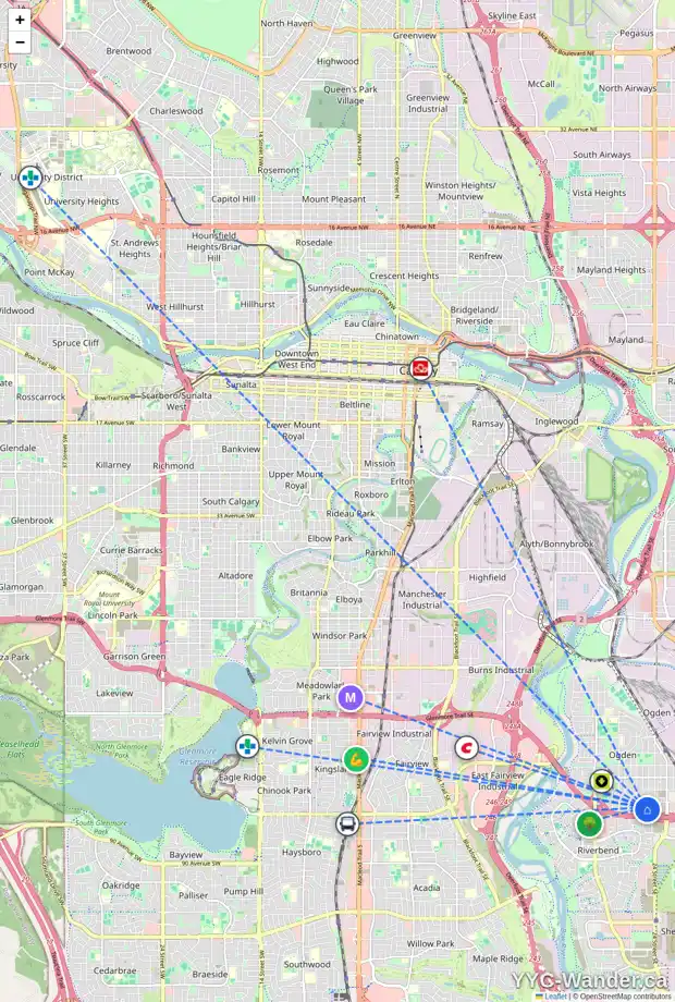 Daily accessibility map for 1013 OLYMPIA DR SE, Calgary showing nearby schools, grocery stores, parks, LRT stations and nearby amenities