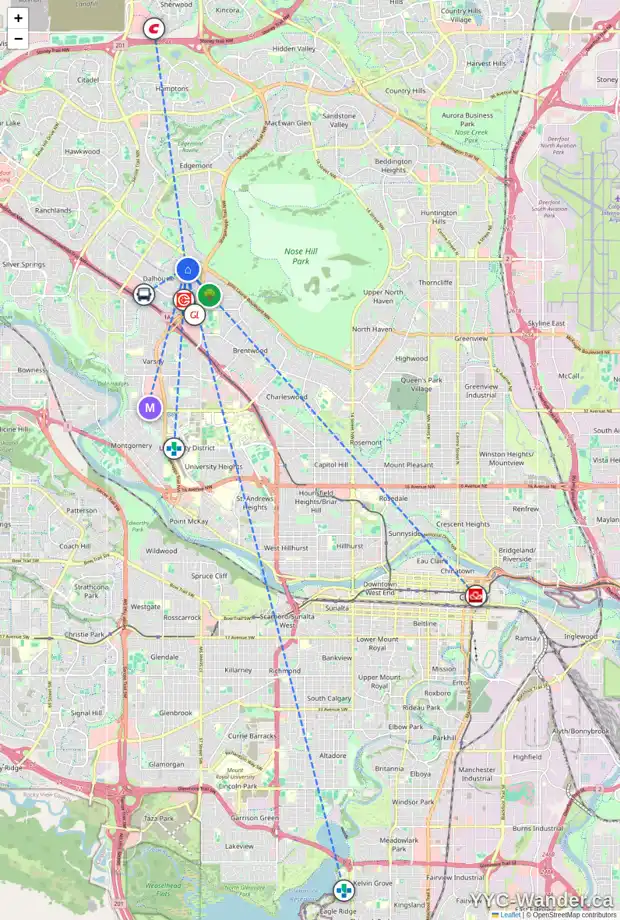 Daily accessibility map for 6220 DALTON DR NW, Calgary showing nearby schools, grocery stores, parks, LRT stations and nearby amenities