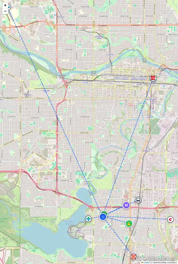 Daily accessibility map for 1208 70 AV SW, Calgary showing nearby schools, grocery stores, parks, LRT stations and nearby amenities
