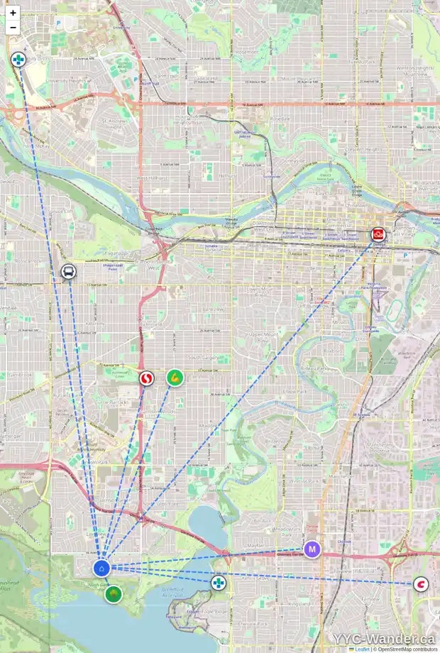 Daily accessibility map for 6943 LEASIDE DR SW, Calgary showing nearby schools, grocery stores, parks, LRT stations and nearby amenities