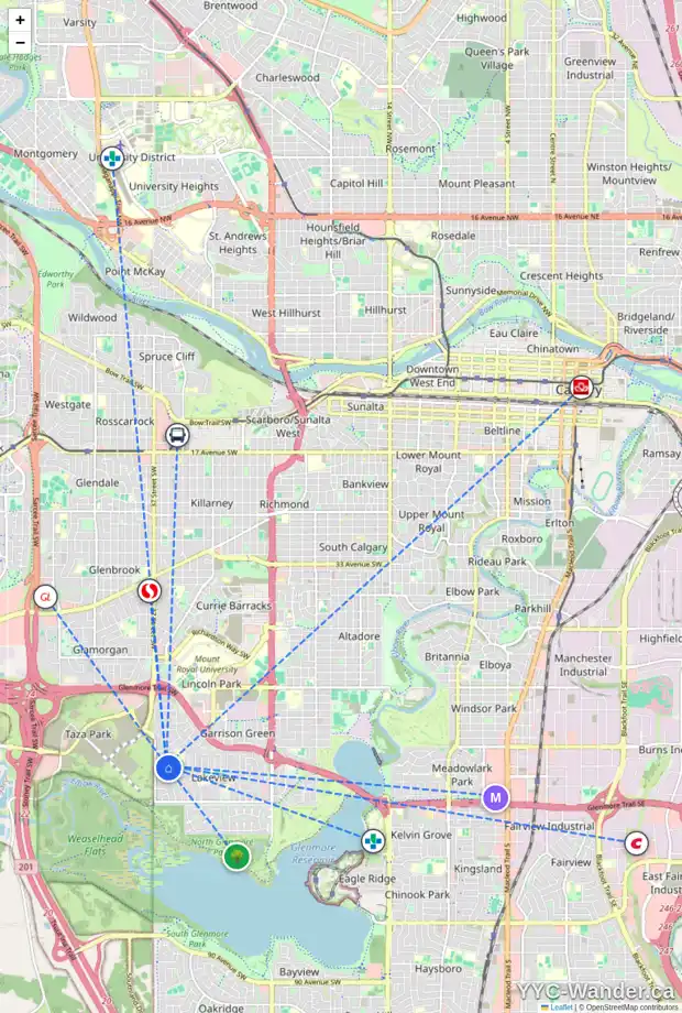 Daily accessibility map for 3611 LOGAN CR SW, Calgary showing nearby schools, grocery stores, parks, LRT stations and nearby amenities