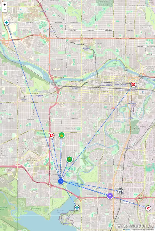 Daily accessibility map for 15 LAXTON PL SW, Calgary showing nearby schools, grocery stores, parks, LRT stations and nearby amenities