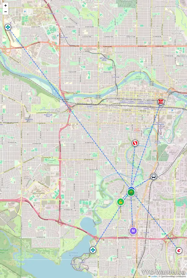 Daily accessibility map for 520 46 AV SW, Calgary showing nearby schools, grocery stores, parks, LRT stations and nearby amenities