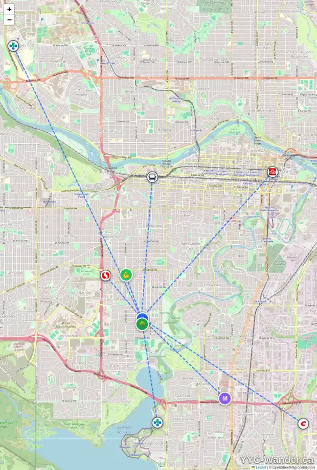 Daily accessibility map for 1903 45 AV SW, Calgary showing nearby schools, grocery stores, parks, LRT stations and nearby amenities