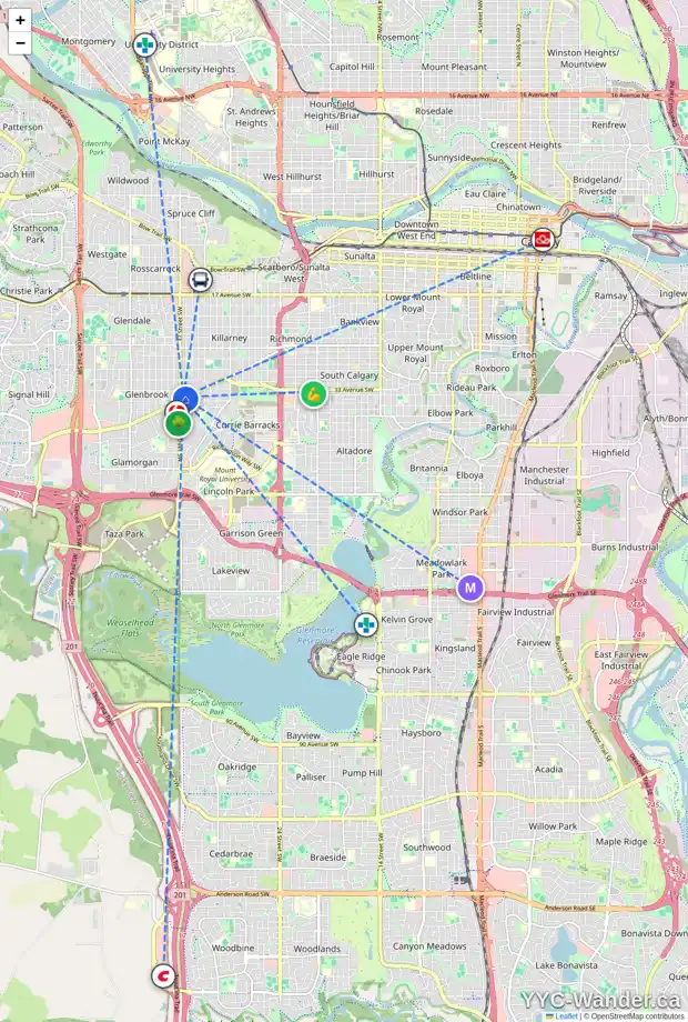 Daily accessibility map for 3712 RICHMOND RD SW, Calgary showing nearby schools, grocery stores, parks, LRT stations and nearby amenities