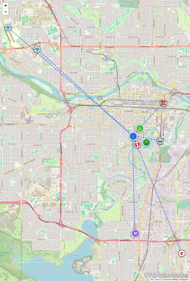 Daily accessibility map for 620 22 AV SW, Calgary showing nearby schools, grocery stores, parks, LRT stations and nearby amenities