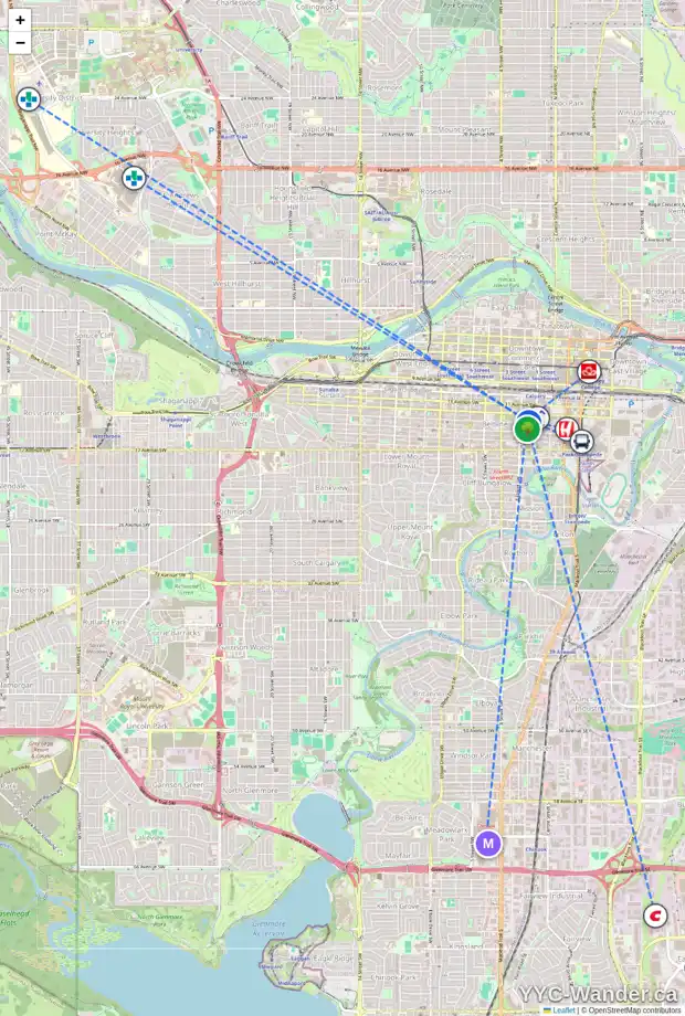Daily accessibility map for 224 13 AV SW, Calgary showing nearby schools, grocery stores, parks, LRT stations and nearby amenities