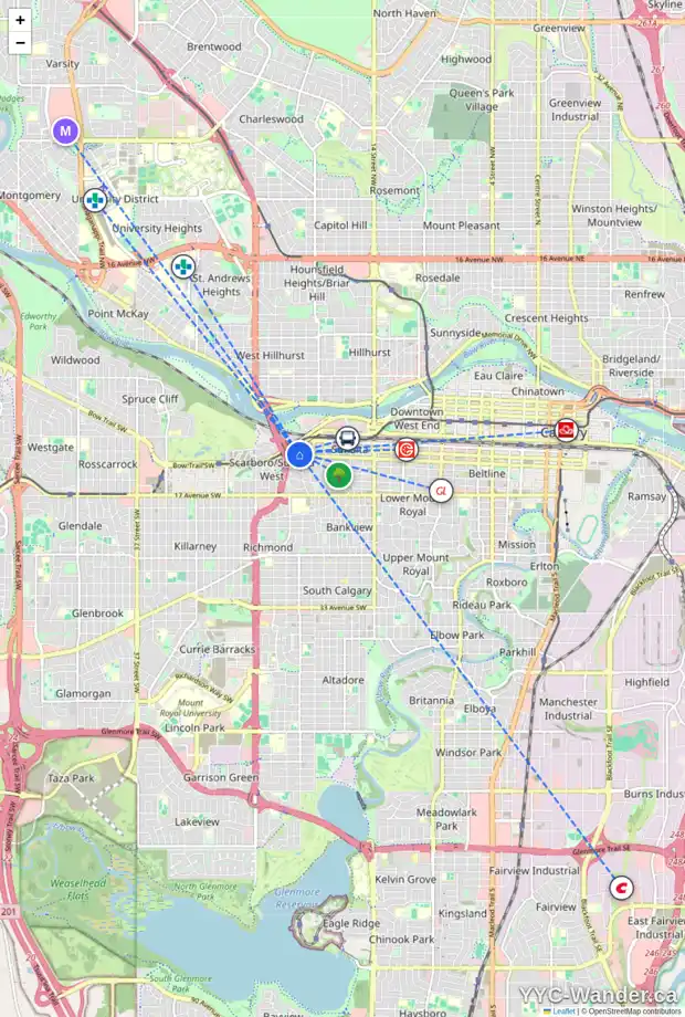 Daily accessibility map for 520 SCARBORO AV SW, Calgary showing nearby schools, grocery stores, parks, LRT stations and nearby amenities