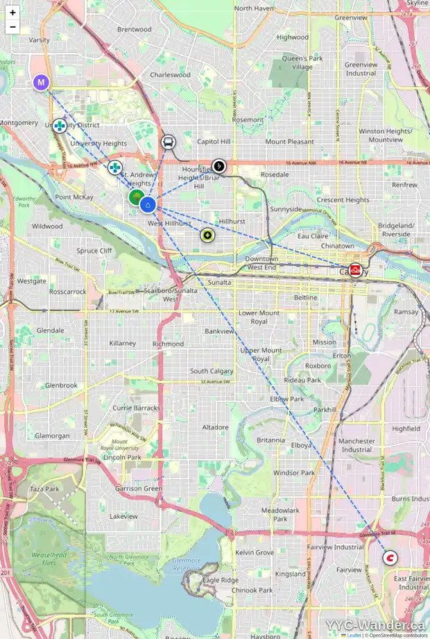 Daily accessibility map for 2634 7 AV NW, Calgary showing nearby schools, grocery stores, parks, LRT stations and nearby amenities