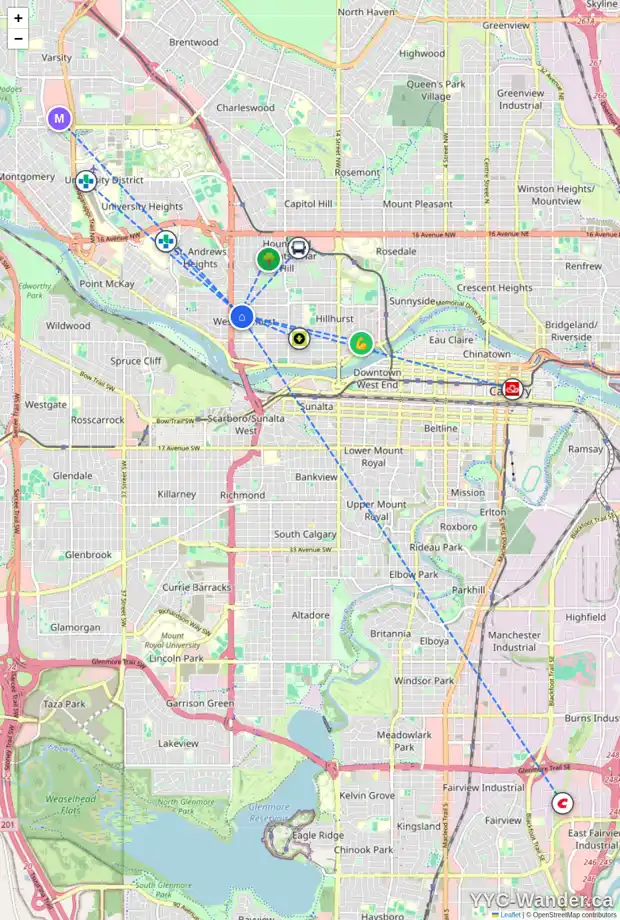 Daily accessibility map for 2411 4 AV NW, Calgary showing nearby schools, grocery stores, parks, LRT stations and nearby amenities