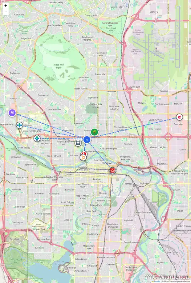 Daily accessibility map for 1601 9 ST NW, Calgary showing nearby schools, grocery stores, parks, LRT stations and nearby amenities