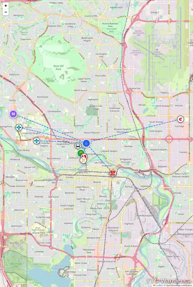 Daily accessibility map for 1426 CRESCENT RD NW, Calgary showing nearby schools, grocery stores, parks, LRT stations and nearby amenities
