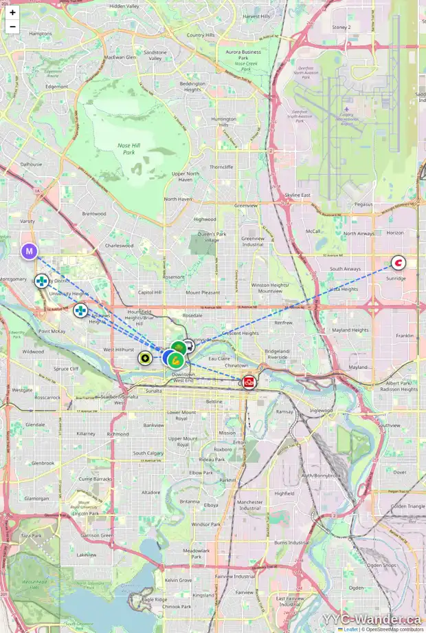 Daily accessibility map for 1415 1 AV NW, Calgary showing nearby schools, grocery stores, parks, LRT stations and nearby amenities