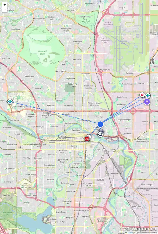 Daily accessibility map for 930 5 AV NE, Calgary showing nearby schools, grocery stores, parks, LRT stations and nearby amenities
