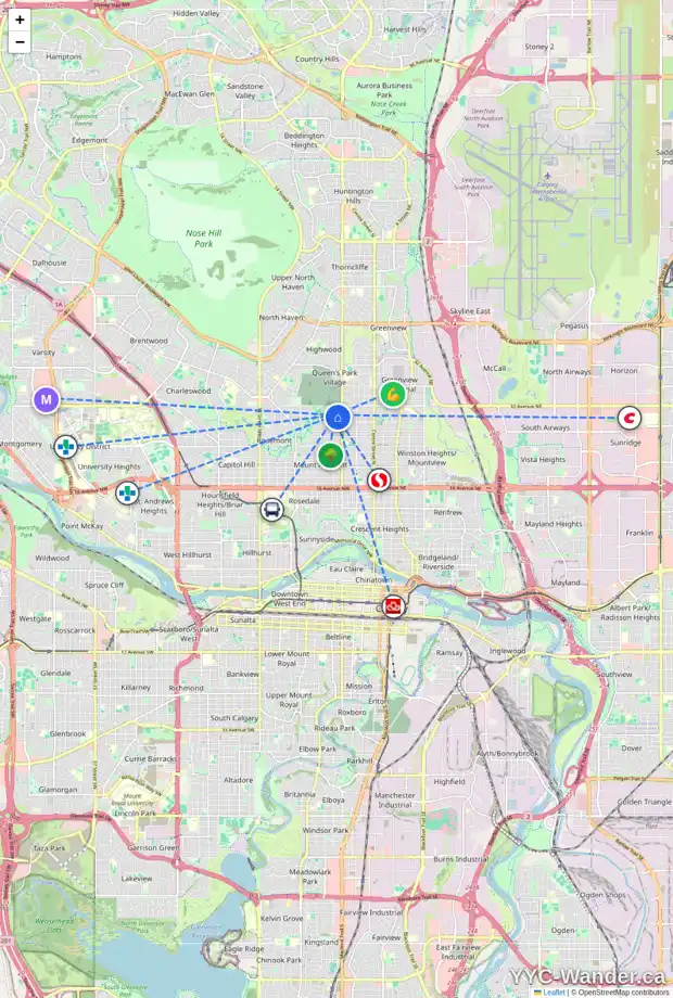 Daily accessibility map for 3107 4A ST NW, Calgary showing nearby schools, grocery stores, parks, LRT stations and nearby amenities