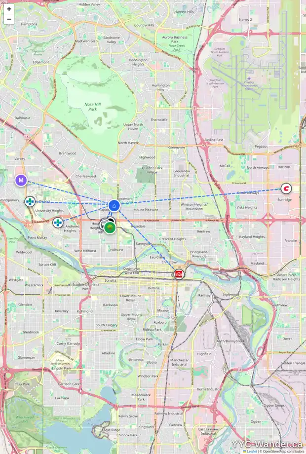 Daily accessibility map for 1607 23 AV NW, Calgary showing nearby schools, grocery stores, parks, LRT stations and nearby amenities