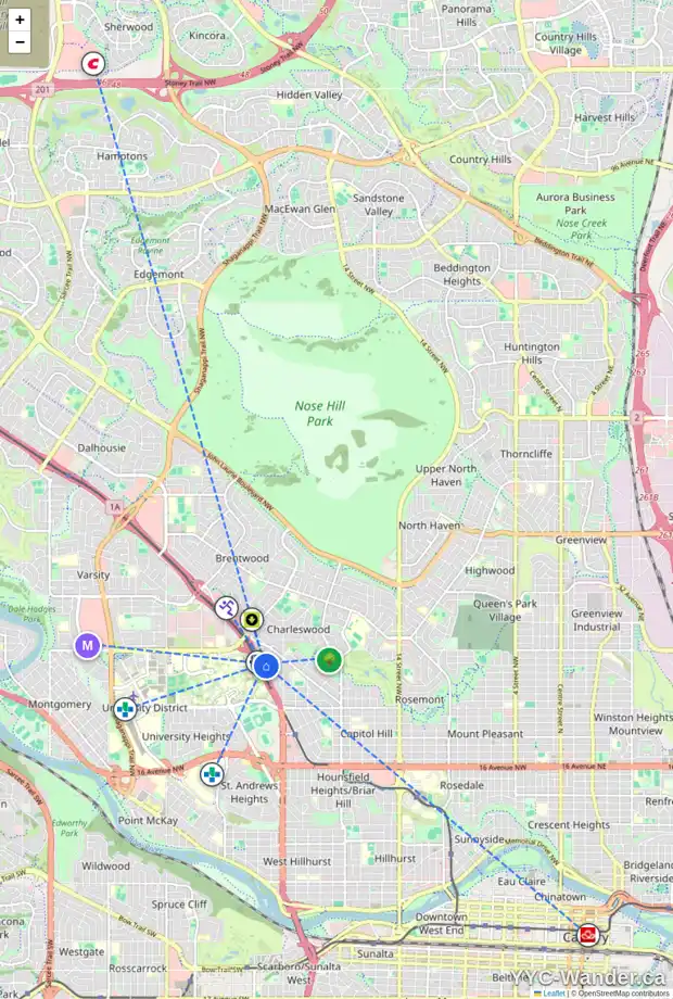 Daily accessibility map for 3020 CAPITOL HILL CR NW, Calgary showing nearby schools, grocery stores, parks, LRT stations and nearby amenities