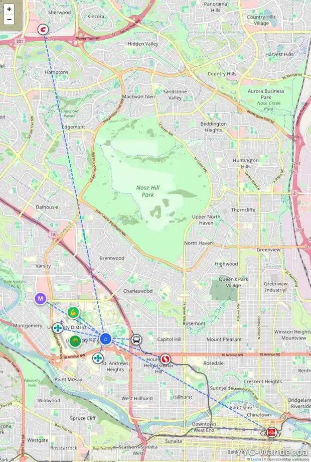 Daily accessibility map for 2930 UNWIN RD NW, Calgary showing nearby schools, grocery stores, parks, LRT stations and nearby amenities