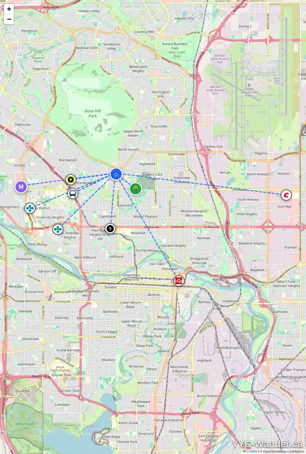 Daily accessibility map for 1516 CAVANAUGH PL NW, Calgary showing nearby schools, grocery stores, parks, LRT stations and nearby amenities