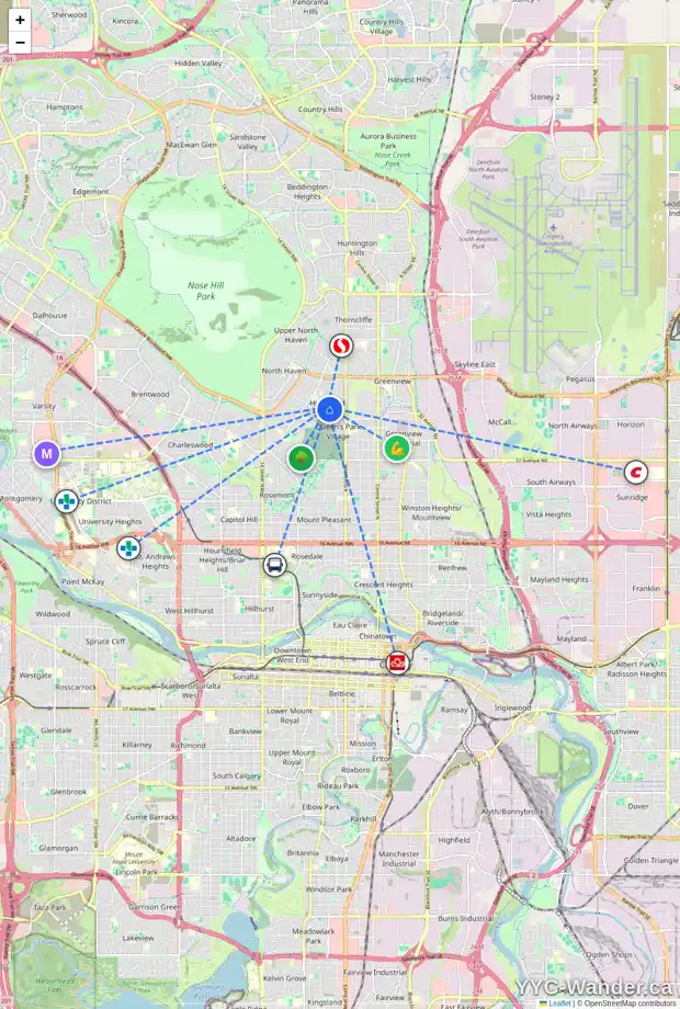 Daily accessibility map for 47 HUDSON RD NW, Calgary showing nearby schools, grocery stores, parks, LRT stations and nearby amenities