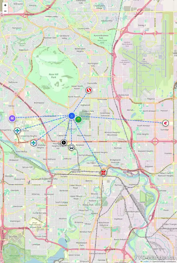 Daily accessibility map for 16 CONNAUGHT DR NW, Calgary showing nearby schools, grocery stores, parks, LRT stations and nearby amenities