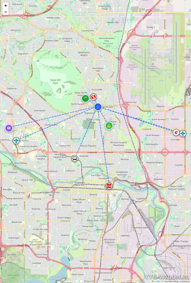 Daily accessibility map for 347 MCKNIGHT BV NW, Calgary showing nearby schools, grocery stores, parks, LRT stations and nearby amenities