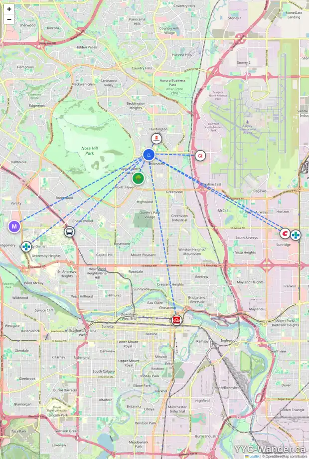 Daily accessibility map for 603 63 AV NW, Calgary showing nearby schools, grocery stores, parks, LRT stations and nearby amenities