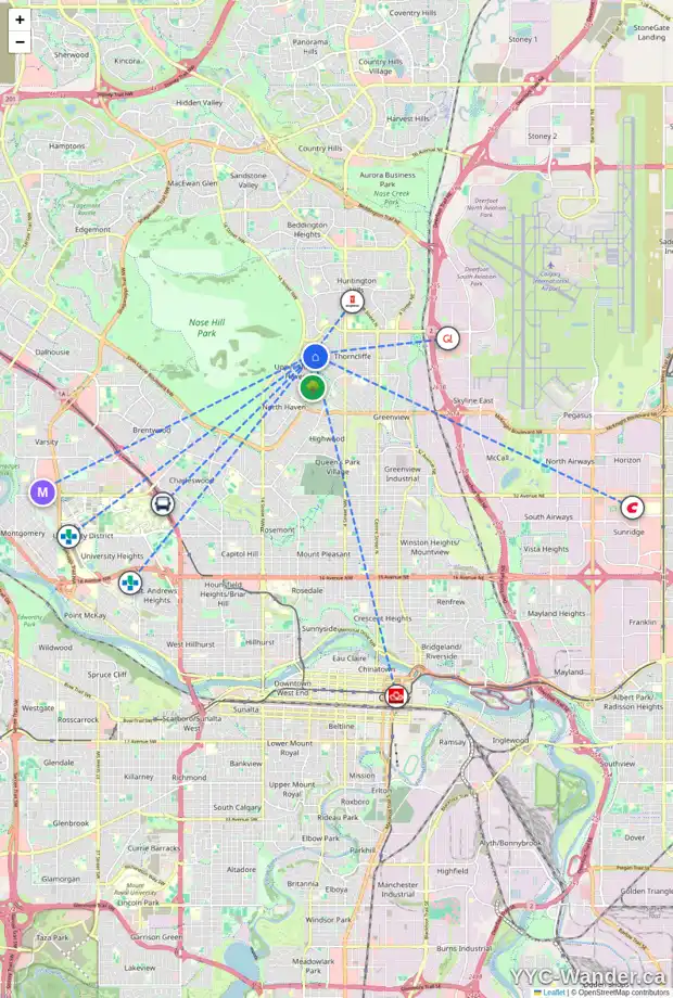 Daily accessibility map for 111 THAMES CL NW, Calgary showing nearby schools, grocery stores, parks, LRT stations and nearby amenities