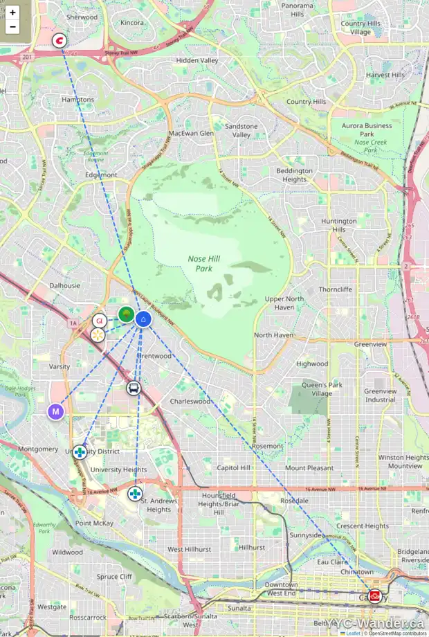 Daily accessibility map for 5315 BRISEBOIS DR NW, Calgary showing nearby schools, grocery stores, parks, LRT stations and nearby amenities