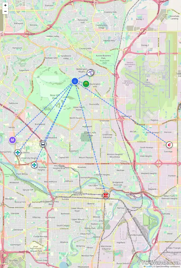 Daily accessibility map for 1410 HUNTERBROOK RD NW, Calgary showing nearby schools, grocery stores, parks, LRT stations and nearby amenities