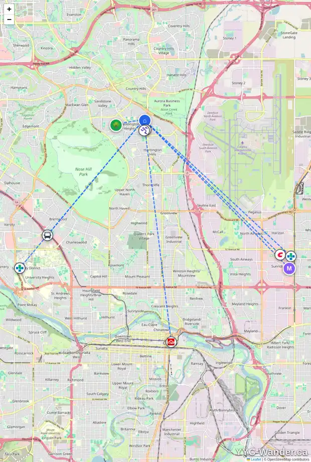 Daily accessibility map for 76 BERGEN CR NW, Calgary showing nearby schools, grocery stores, parks, LRT stations and nearby amenities