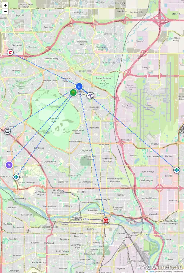Daily accessibility map for 36 BERKSHIRE ME NW, Calgary showing nearby schools, grocery stores, parks, LRT stations and nearby amenities