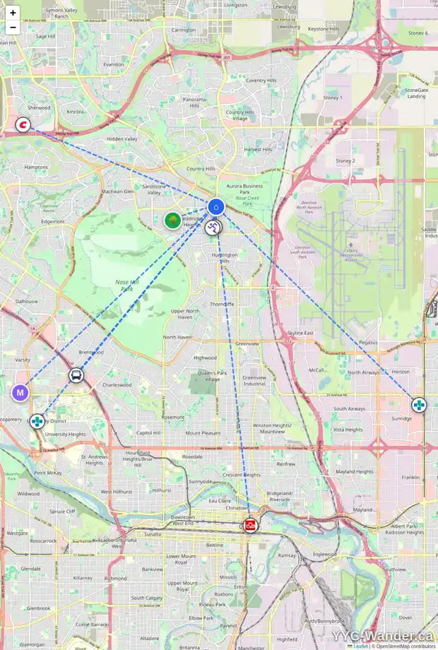 Daily accessibility map for 80 BERNARD CL NW, Calgary showing nearby schools, grocery stores, parks, LRT stations and nearby amenities