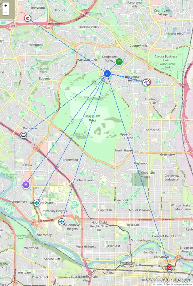 Daily accessibility map for 110 BEACONSFIELD RD NW, Calgary showing nearby schools, grocery stores, parks, LRT stations and nearby amenities