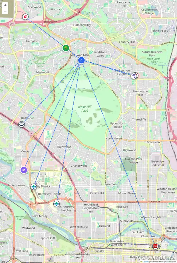 Daily accessibility map for 276 MACEWAN GLEN DR NW, Calgary showing nearby schools, grocery stores, parks, LRT stations and nearby amenities