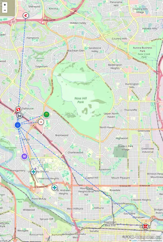 Daily accessibility map for 123 VALHALLA CR NW, Calgary showing nearby schools, grocery stores, parks, LRT stations and nearby amenities
