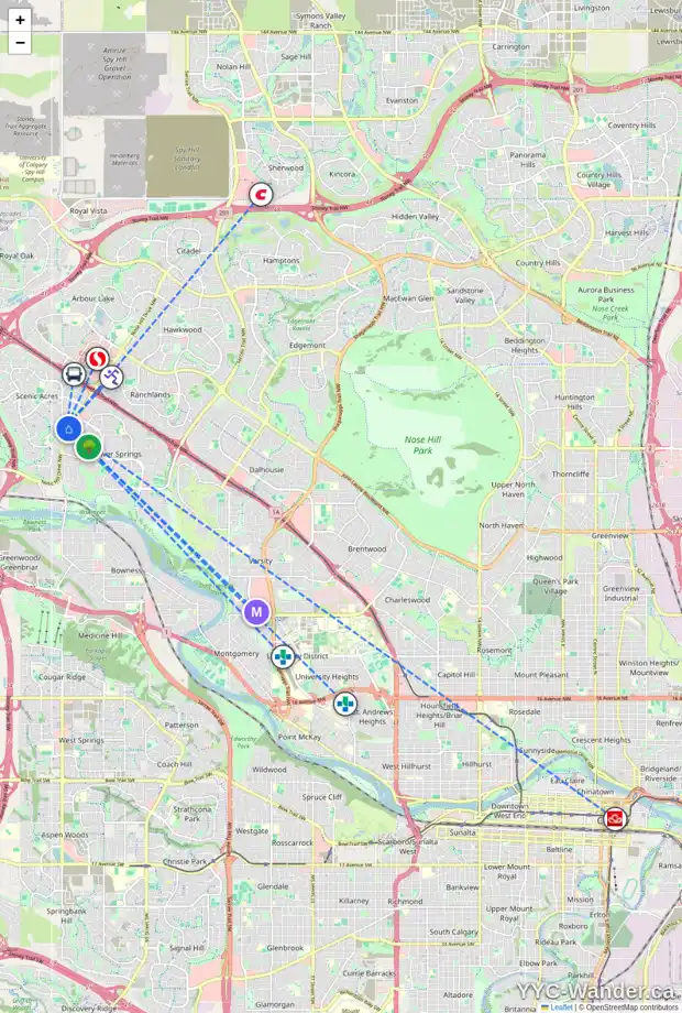 Daily accessibility map for 12 SCENIC ACRES GA NW, Calgary showing nearby schools, grocery stores, parks, LRT stations and nearby amenities