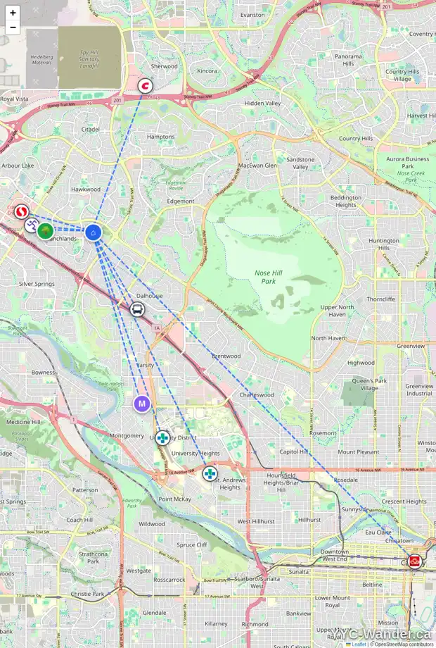 Daily accessibility map for 264 RANCH ESTATES DR NW, Calgary showing nearby schools, grocery stores, parks, LRT stations and nearby amenities