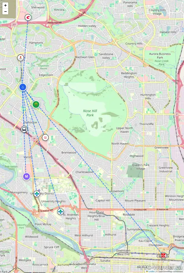 Daily accessibility map for 228 EDGEHILL DR NW, Calgary showing nearby schools, grocery stores, parks, LRT stations and nearby amenities