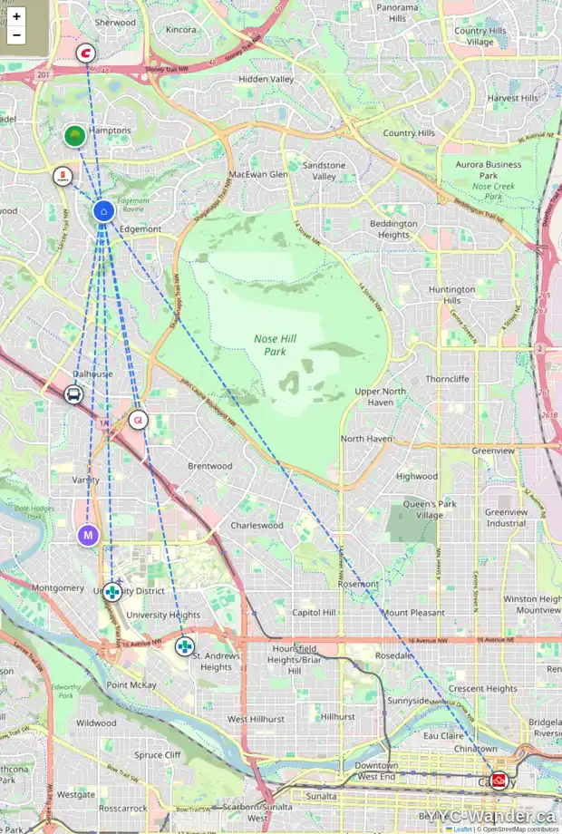 Daily accessibility map for 353 EDGEVIEW PL NW, Calgary showing nearby schools, grocery stores, parks, LRT stations and nearby amenities