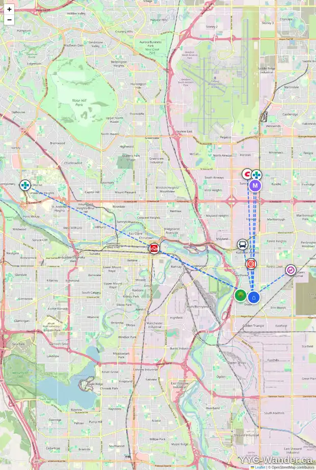 Daily accessibility map for 3245 32A AV SE, Calgary showing nearby schools, grocery stores, parks, LRT stations and nearby amenities