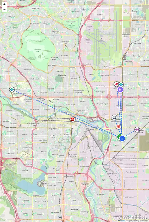 Daily accessibility map for 3619 28A AV SE, Calgary showing nearby schools, grocery stores, parks, LRT stations and nearby amenities