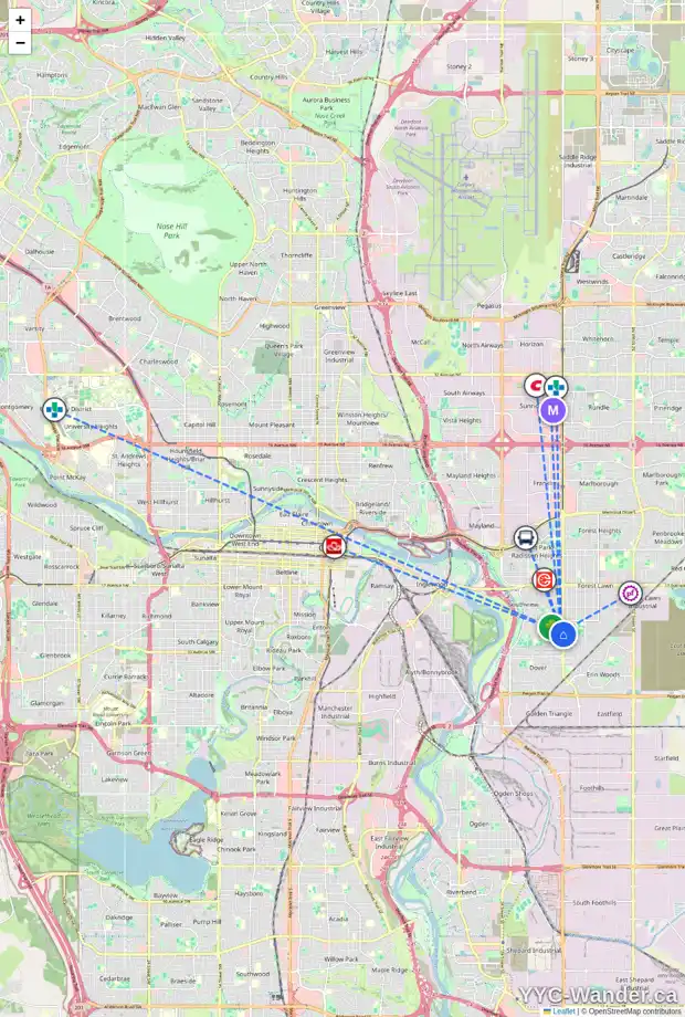 Daily accessibility map for 3623 28A AV SE, Calgary showing nearby schools, grocery stores, parks, LRT stations and nearby amenities