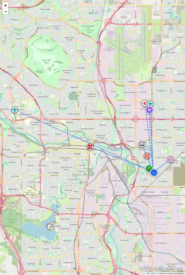 Daily accessibility map for 3873 30 AV SE, Calgary showing nearby schools, grocery stores, parks, LRT stations and nearby amenities