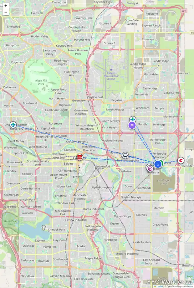 Daily accessibility map for 1436 PENNSBURG DR SE, Calgary showing nearby schools, grocery stores, parks, LRT stations and nearby amenities