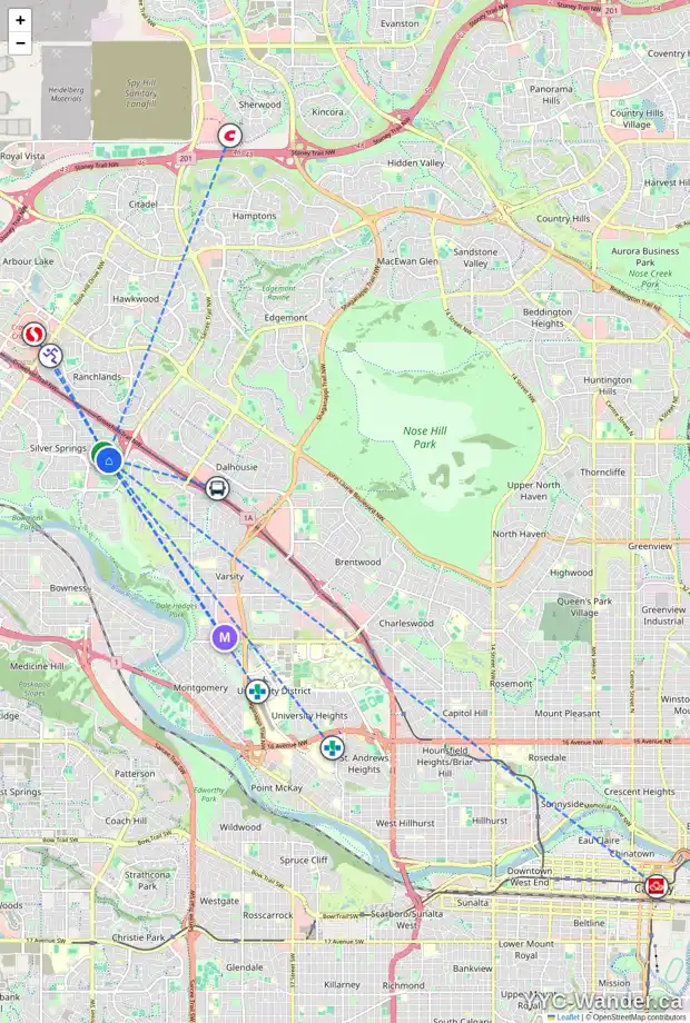 Daily accessibility map for 96 SILVER SPRINGS DR NW, Calgary showing nearby schools, grocery stores, parks, LRT stations and nearby amenities