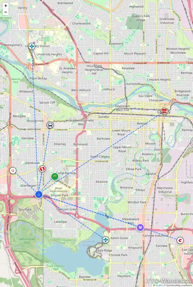 Daily accessibility map for 85 GALBRAITH DR SW, Calgary showing nearby schools, grocery stores, parks, LRT stations and nearby amenities